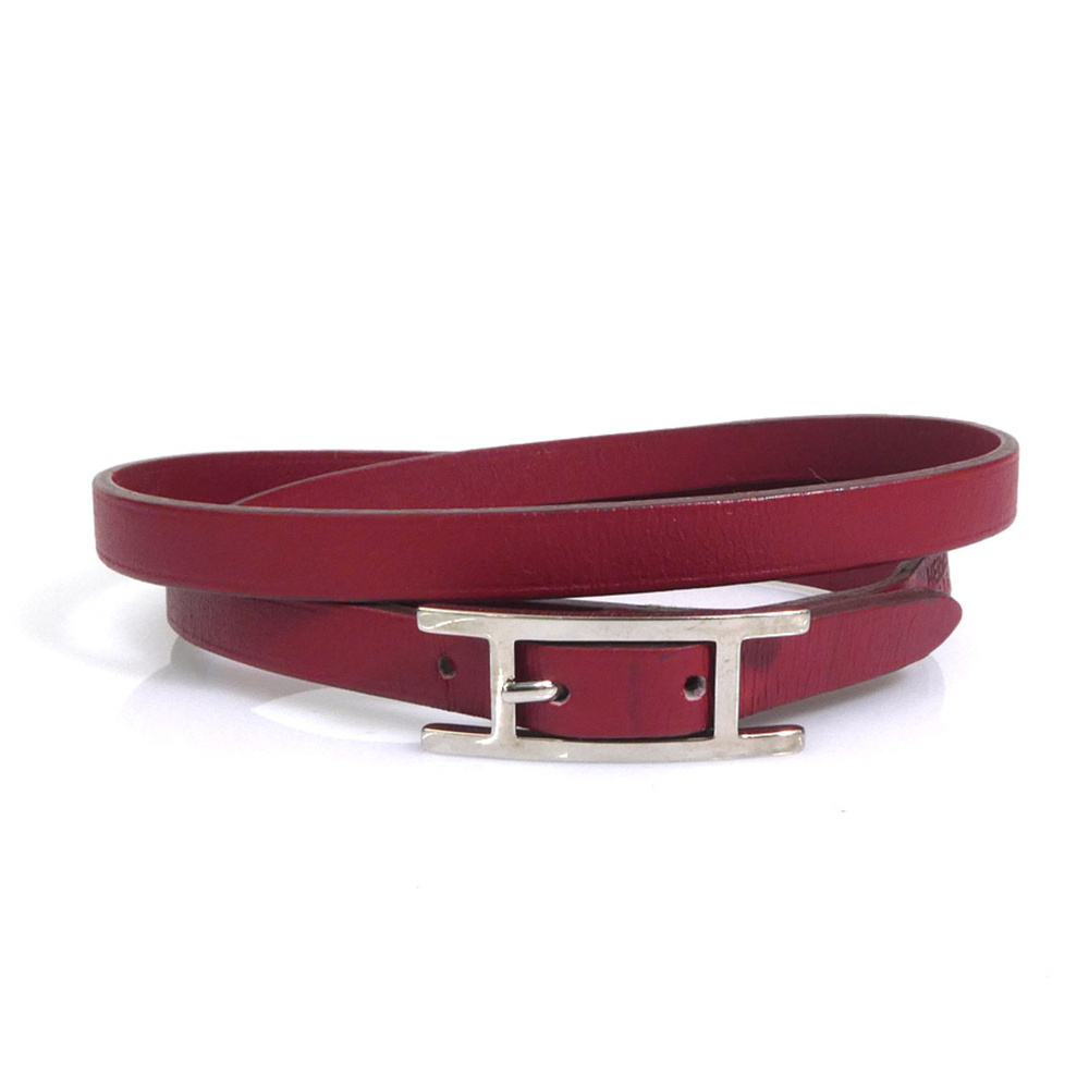 HERMES Silver Leather Charm Bracelet
